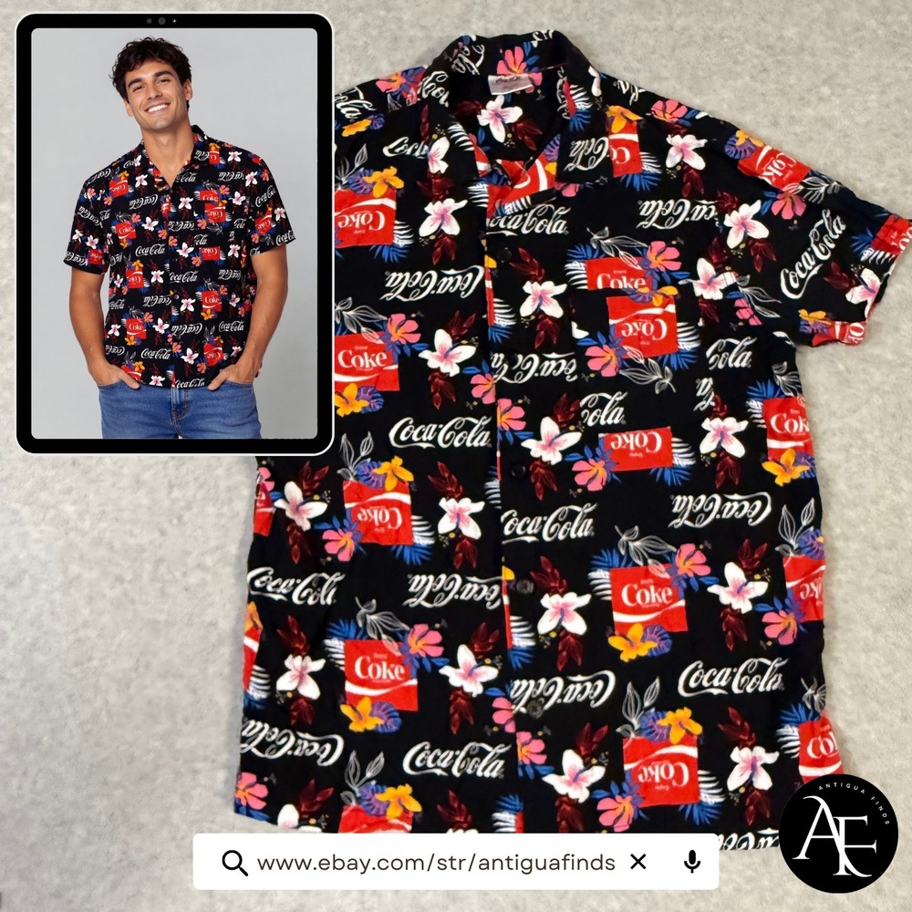 Coca-Cola Mens Rayon Tropical Floral Button Down Shirt Black Red Medium